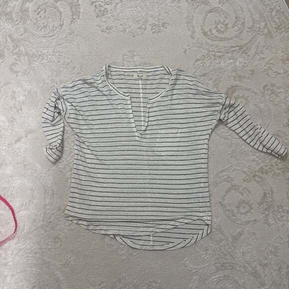 Madewell White and Black Striped 3/4 Sleeve Linen Tee - Picture 1 of 6
